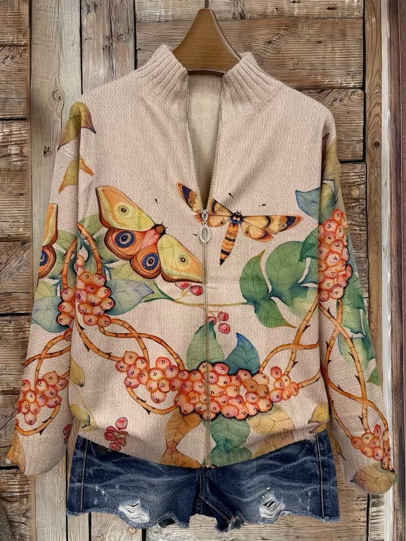 Mary | Classic Butterfly Print Zip-Up Cardigan Sweater