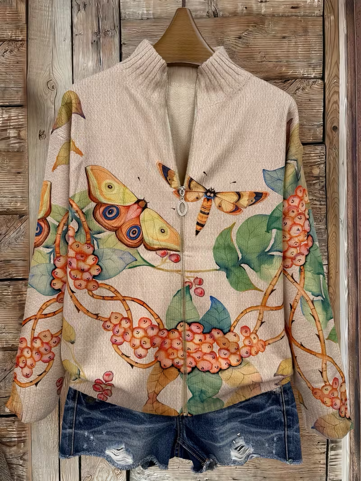 Mary | Classic Butterfly Print Zip-Up Cardigan Sweater