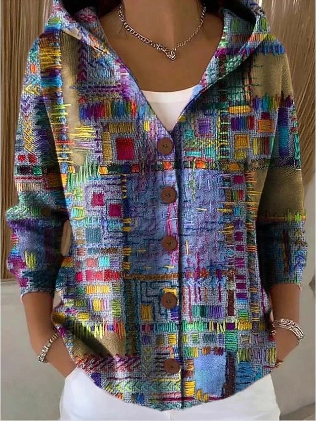 Megan | Cozy Geometric Button-Front Hooded Cardigan