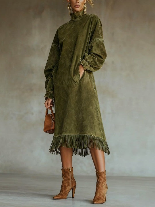 Megan | Elegant Fringed Turtleneck Long Sleeve Dress