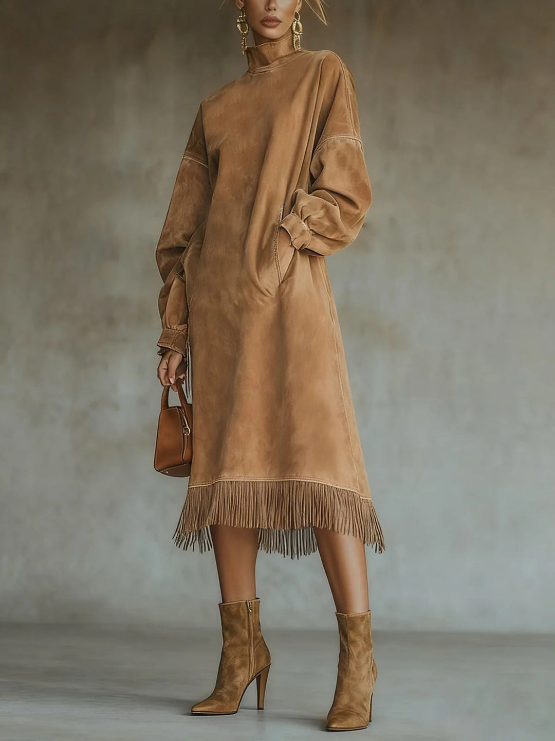 Megan | Elegant Fringed Turtleneck Long Sleeve Dress