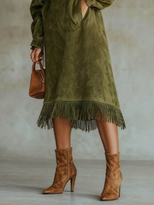 Megan | Elegant Fringed Turtleneck Long Sleeve Dress