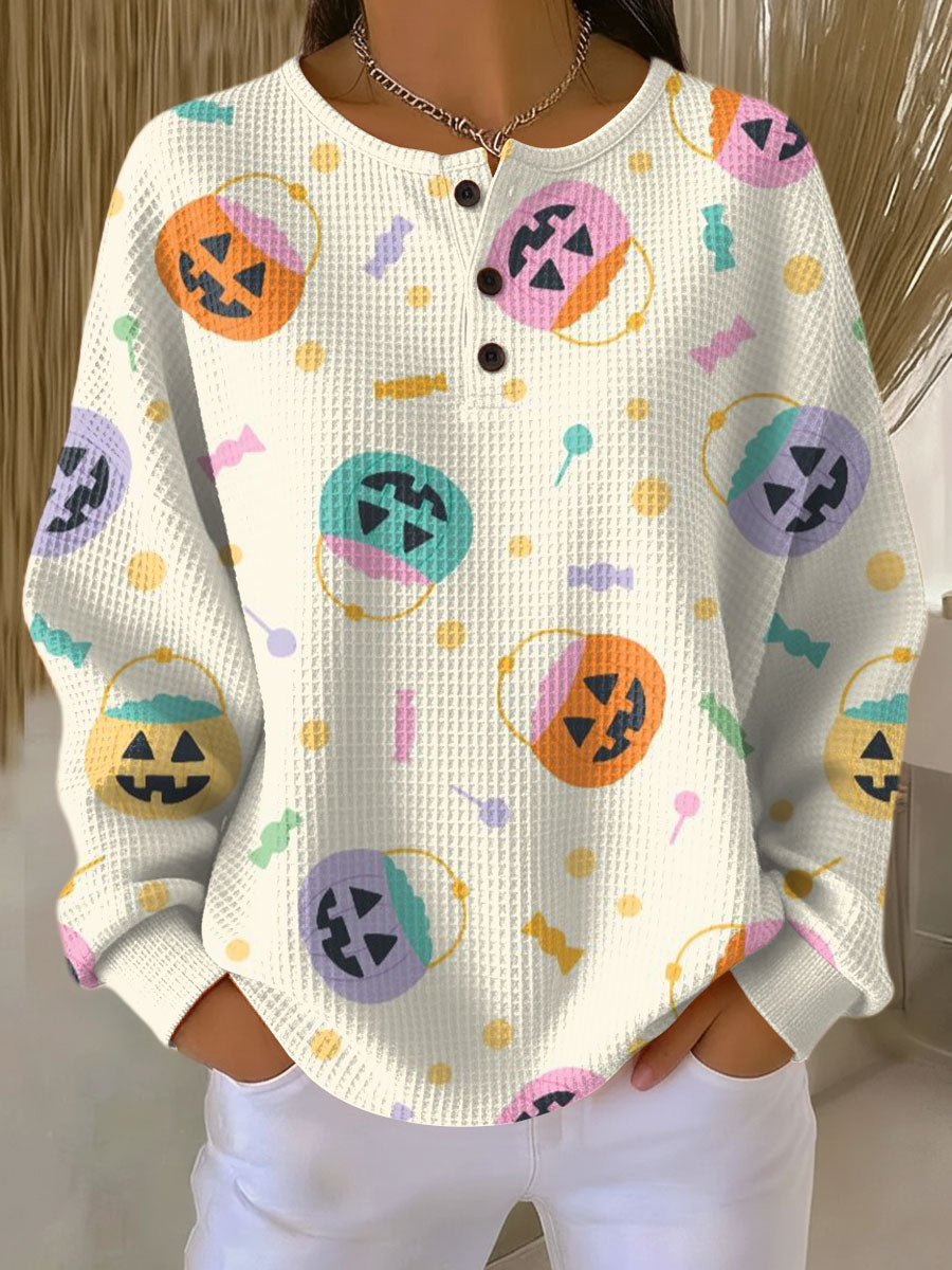 Megan | Halloween Pumpkin Print Henley Knit Sweater