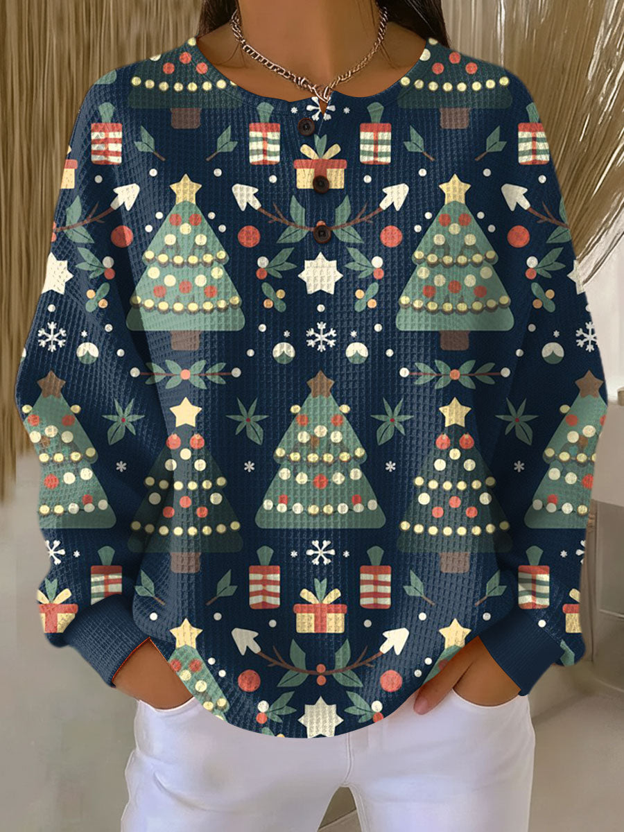 Melissa | Christmas Tree Print Henley Knit Sweater
