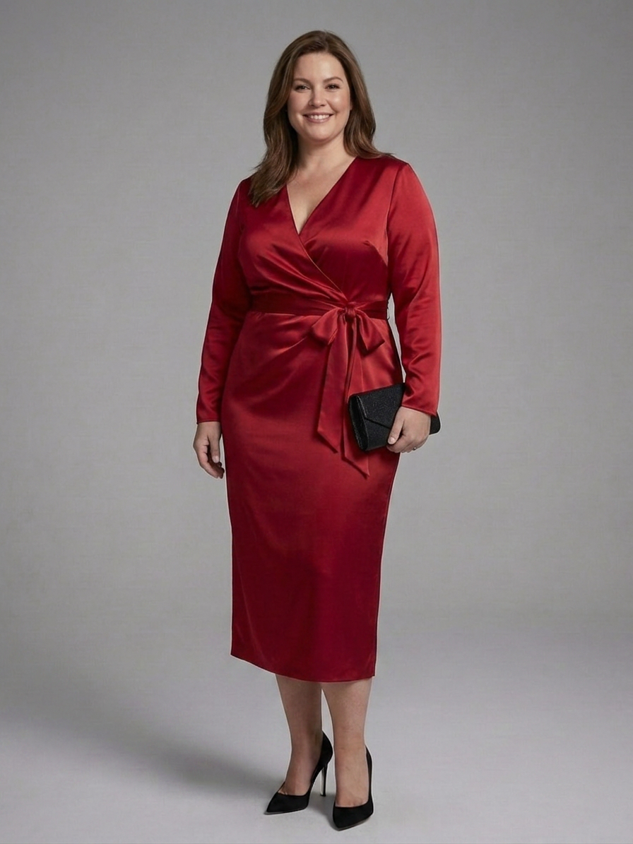 Melissa | Cozy Satin Wrap Winter Wedding Guest Midi Dress