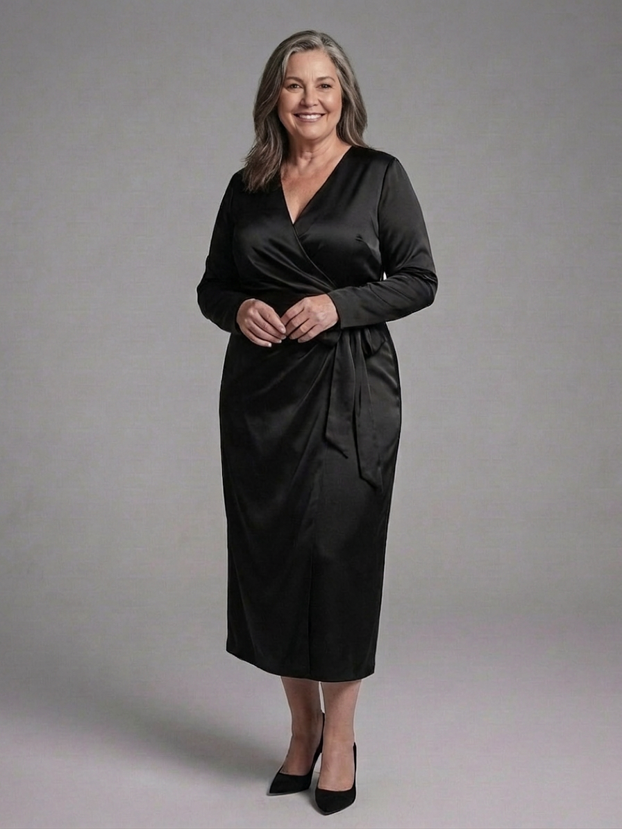 Melissa | Cozy Satin Wrap Winter Wedding Guest Midi Dress