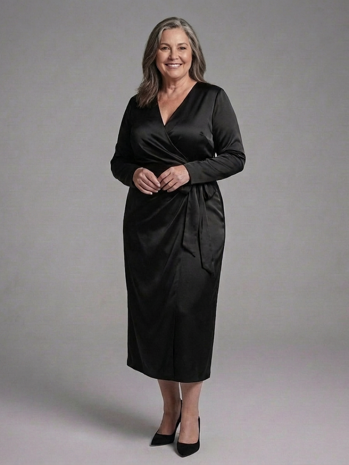 Melissa | Cozy Satin Wrap Winter Wedding Guest Midi Dress