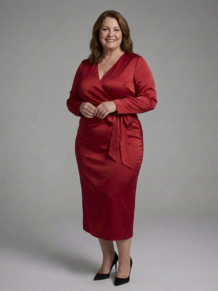 Melissa | Cozy Satin Wrap Winter Wedding Guest Midi Dress