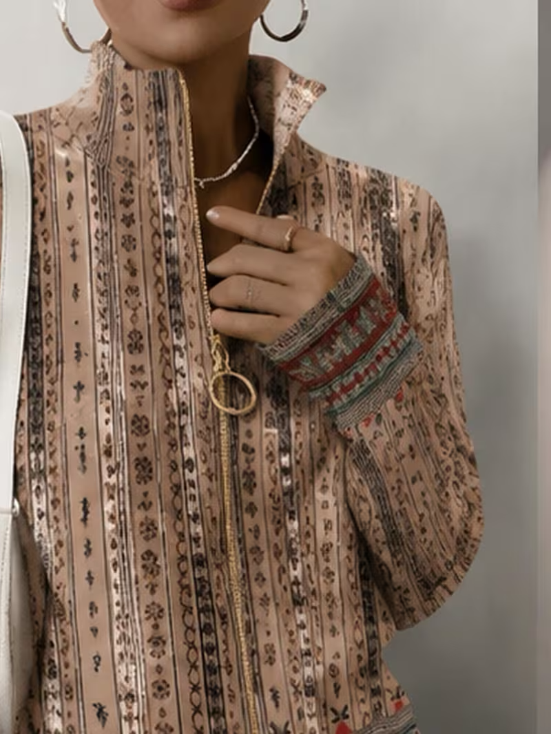 Melissa | Refined Striped Stand Collar Zip Up Cardigan