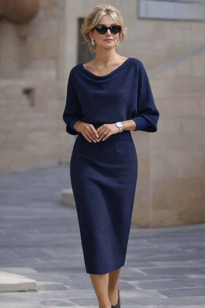 Michelle | Chic Draped Batwing Sleeve Sweater Dress