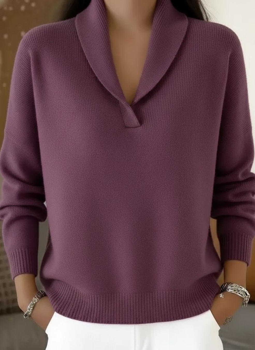 Michelle | Timeless Shawl Collar V-Neck Knit Sweater