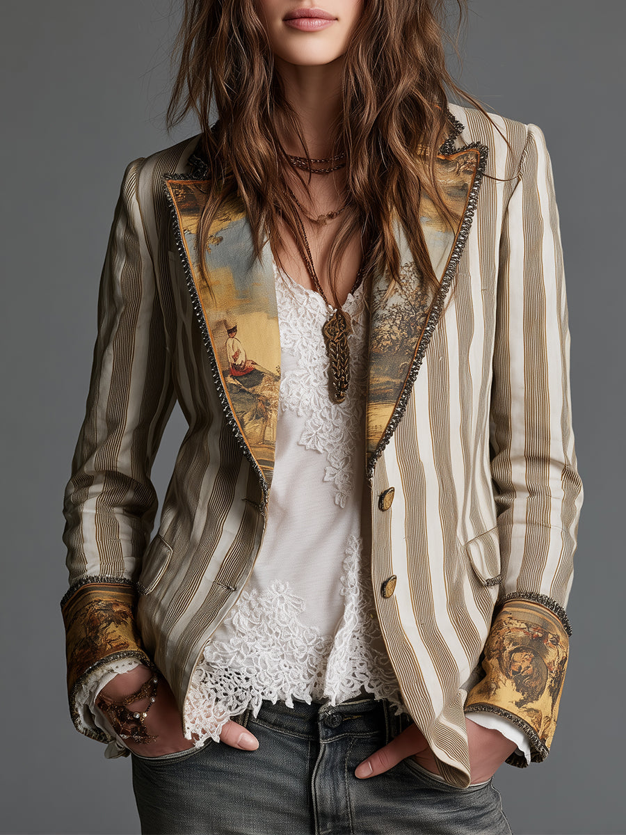 Natalie | Effortless Bohemian Striped Blazer with Printed Lapels