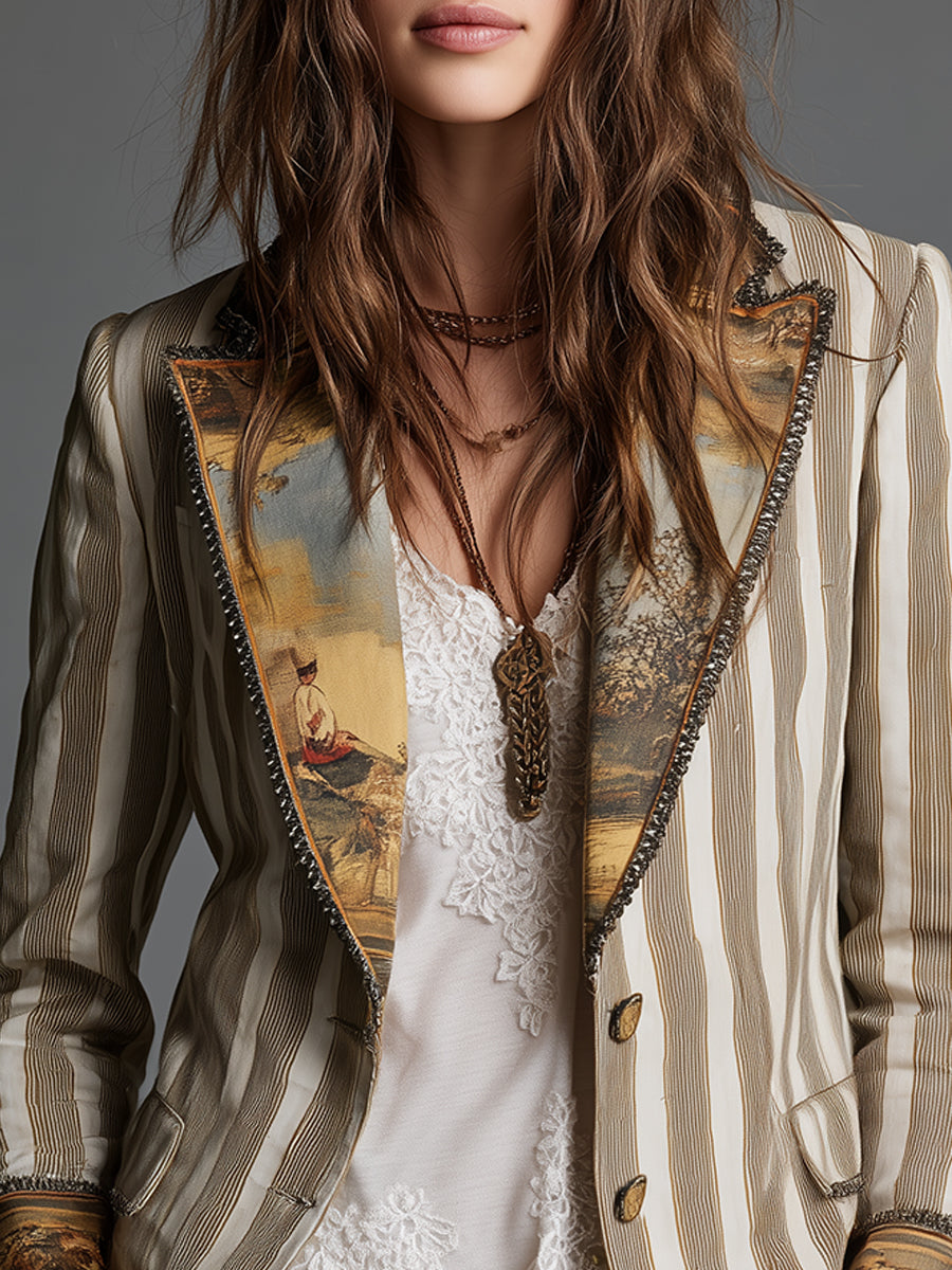 Natalie | Effortless Bohemian Striped Blazer with Printed Lapels