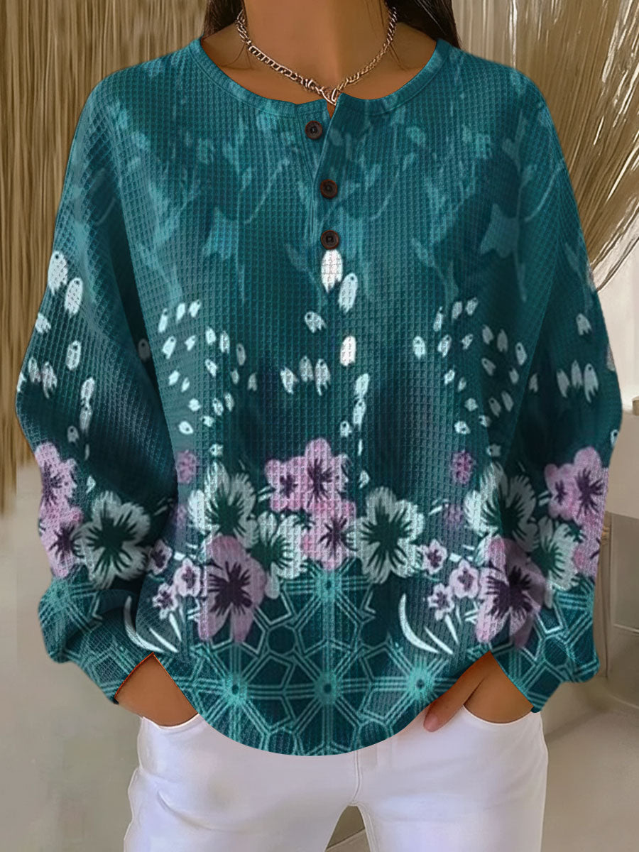 Natalie | Floral Henley Long Sleeve Knit Sweater