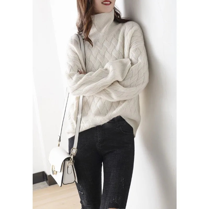 Natalie | Polished Oversized Basketweave Knit Turtleneck Sweater