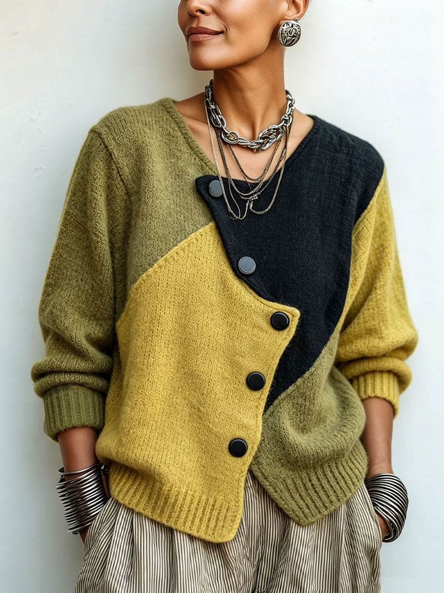 Natalie | Refined Color Block Asymmetric Button Front Cardigan