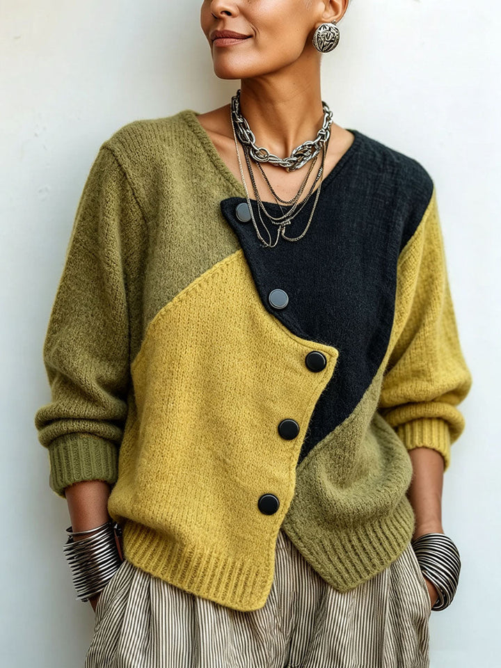 Natalie | Refined Color Block Asymmetric Button Front Cardigan