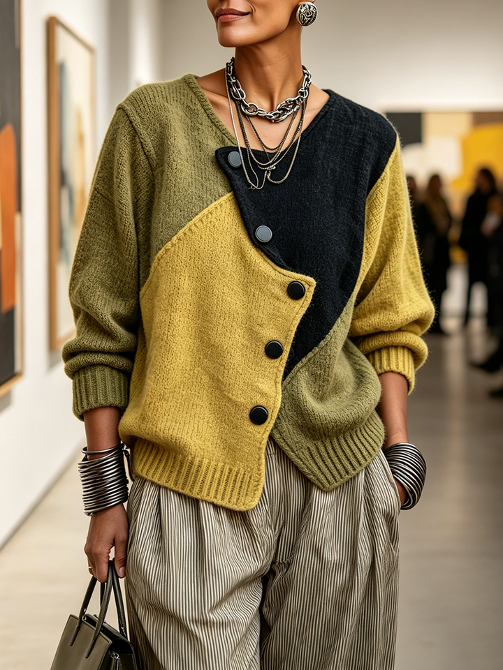 Natalie | Refined Color Block Asymmetric Button Front Cardigan