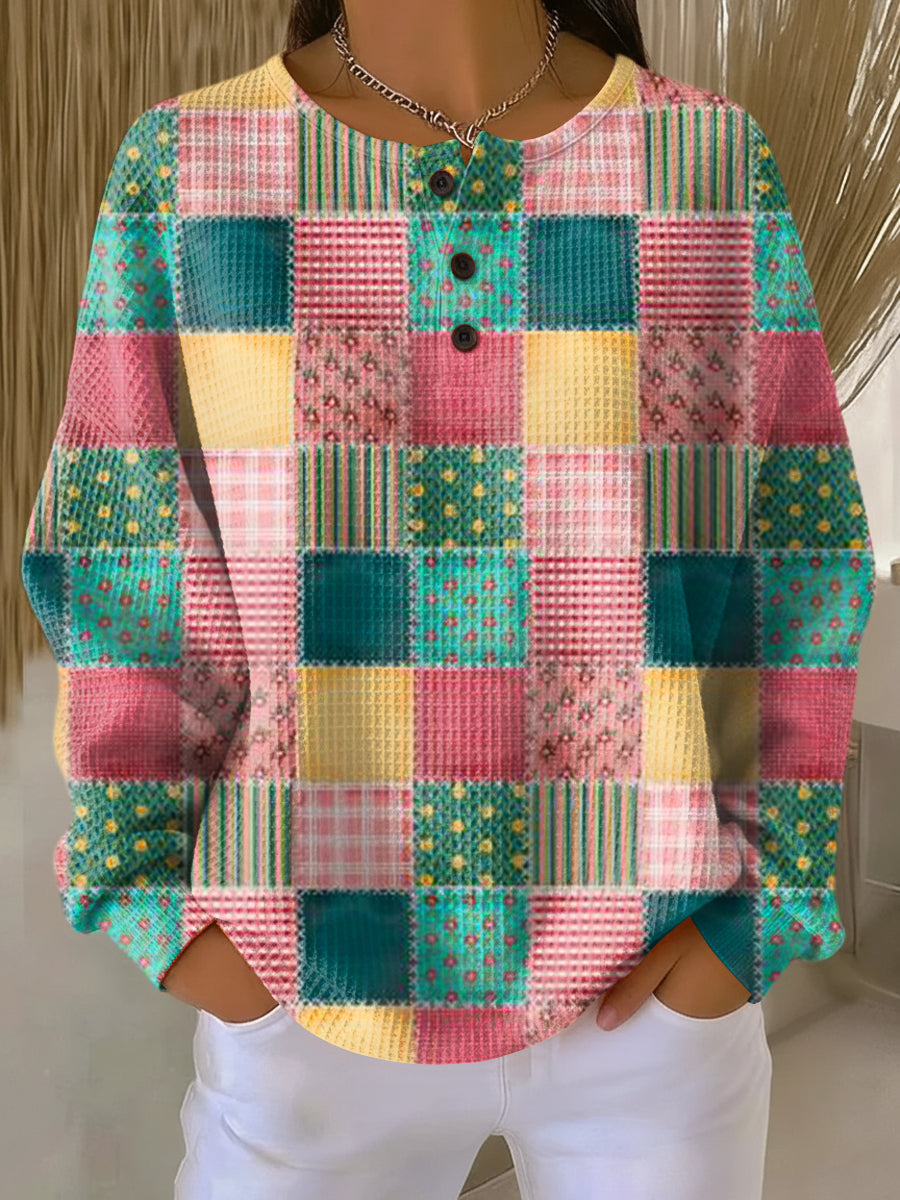 Nicole | Classic Patchwork Henley Knit Sweater