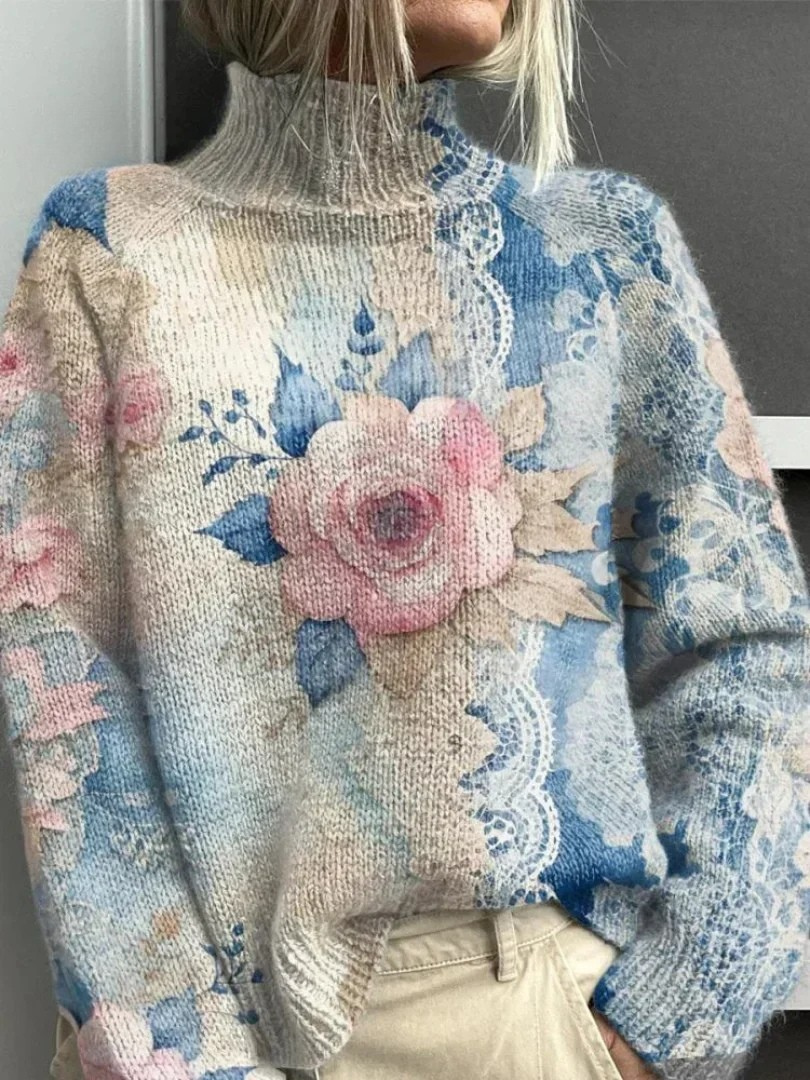 Nicole | Refined Floral Print Long Sleeve Turtleneck Sweater