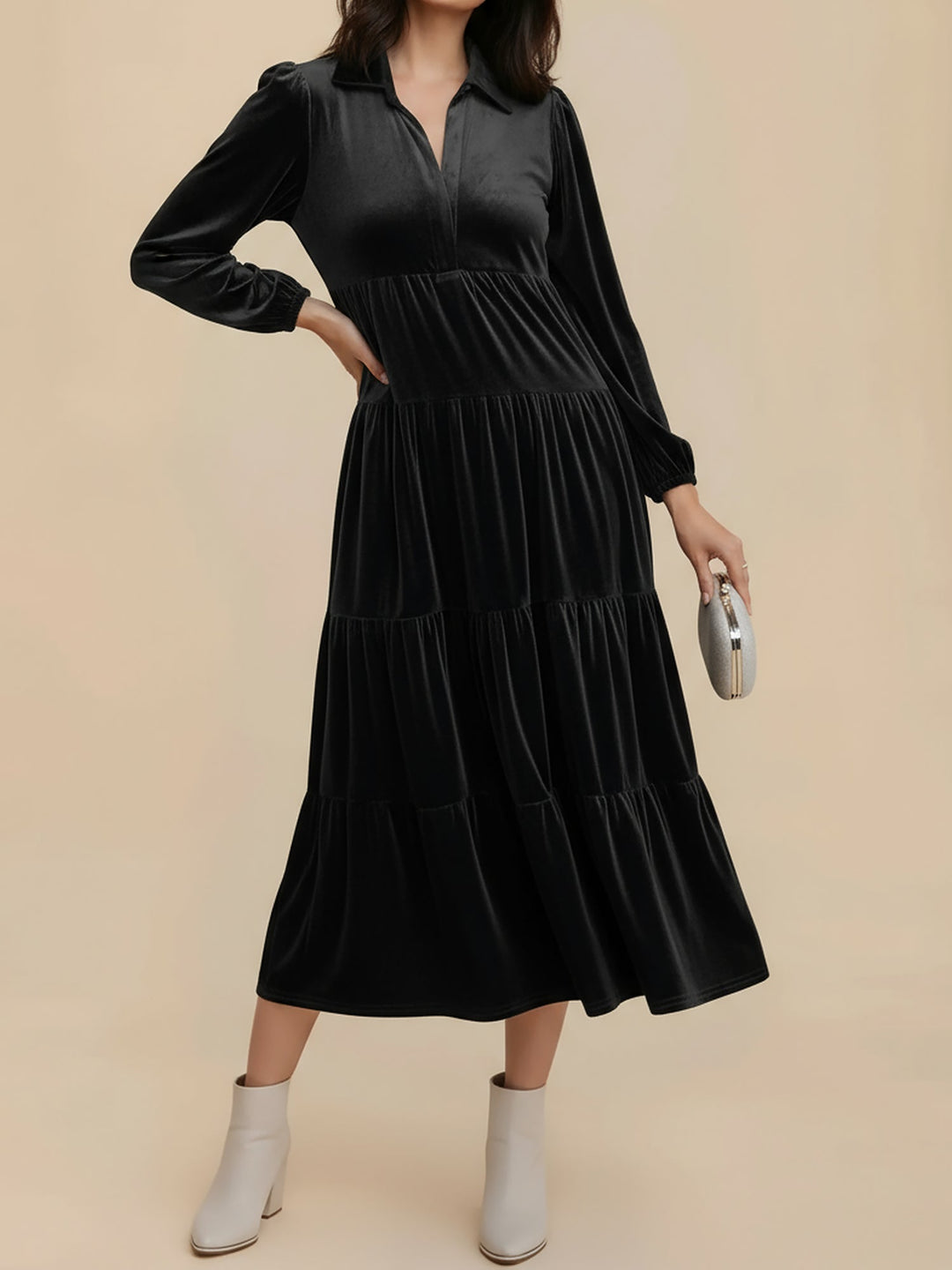 Nicole | Stylish Tiered Velvet Long-Sleeve Christmas Dress