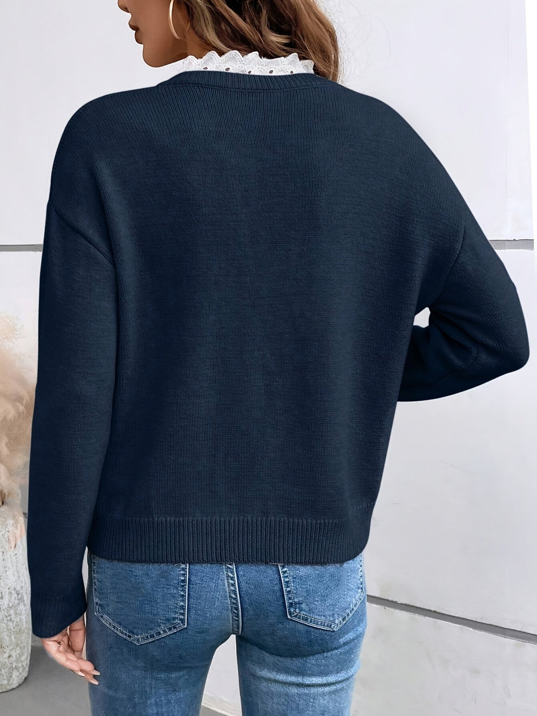 Olivia | Effortless Lace Trim V-Neck Knit Sweater