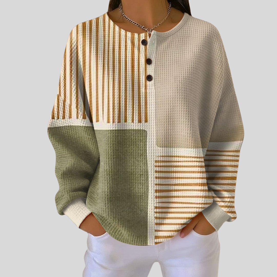Pamela | Striped Waffle Knit Long Sleeve Henley Sweatshirt