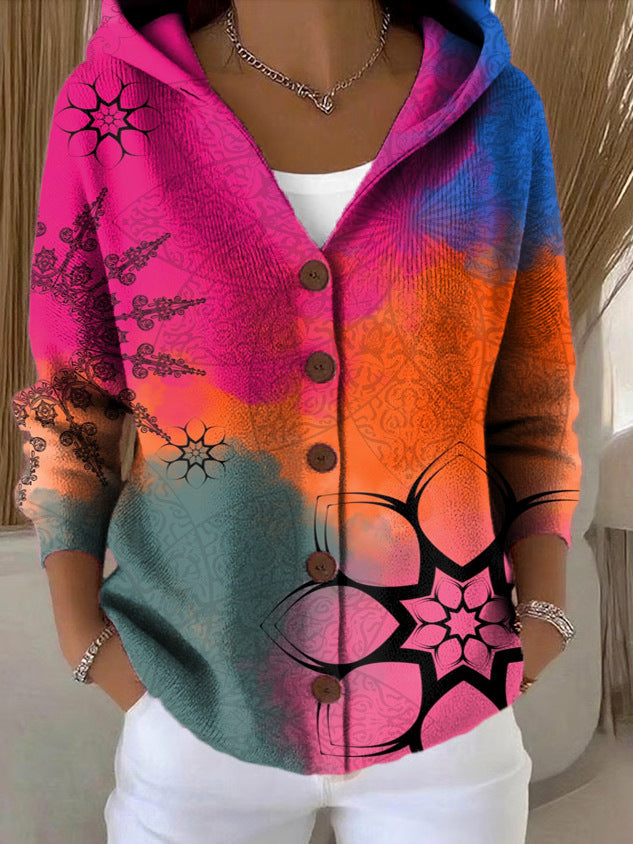 Pamela | Stylish Floral Print Hooded Button-Up Cardigan