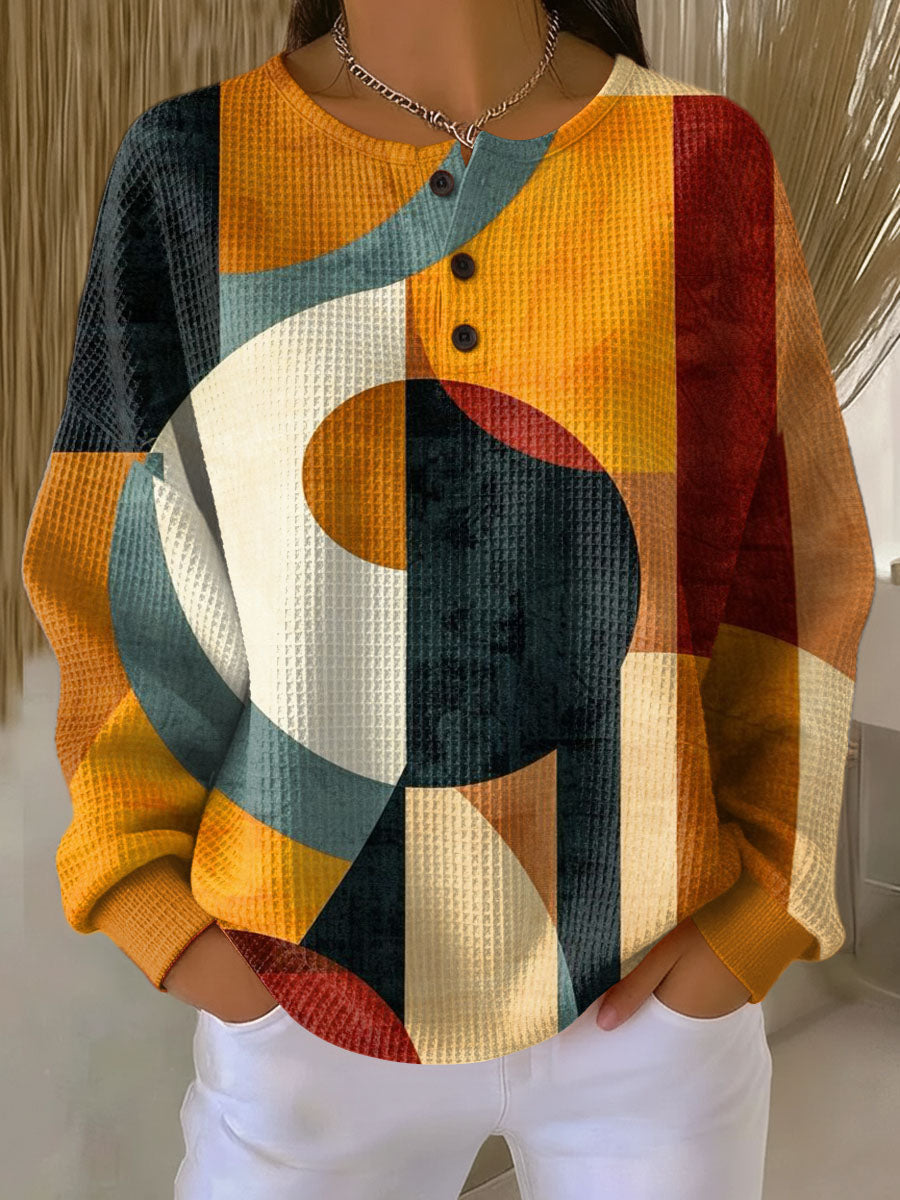 Rachel | Stylish Geometric Henley Waffle Knit Sweater