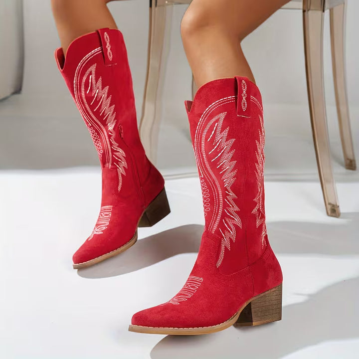 Samantha | Embroidered Knee High Heeled Cowboy Boots