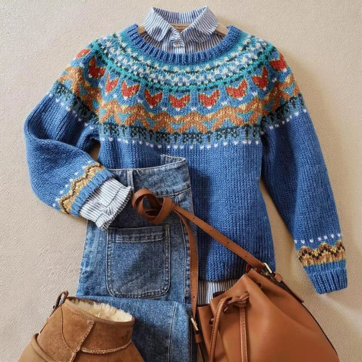 Samantha | Refined Nordic Fair Isle Crewneck Knit Sweater