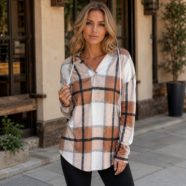 Sandra | Timeless Plaid V-Neck Tunic Hoodie