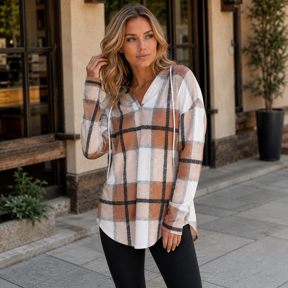 Sandra | Timeless Plaid V-Neck Tunic Hoodie