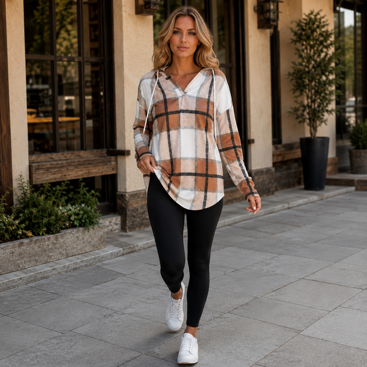 Sandra | Timeless Plaid V-Neck Tunic Hoodie
