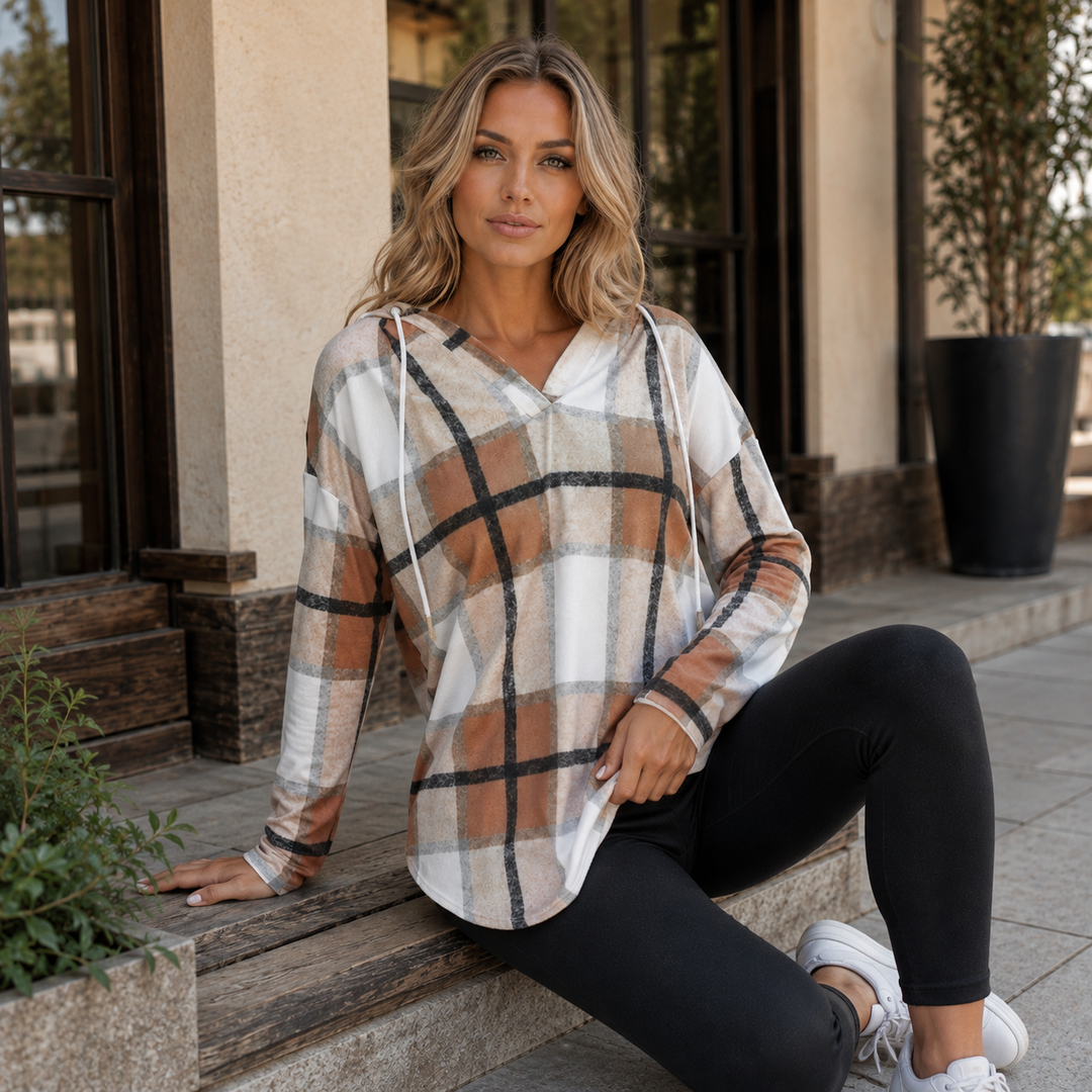 Sandra | Timeless Plaid V-Neck Tunic Hoodie