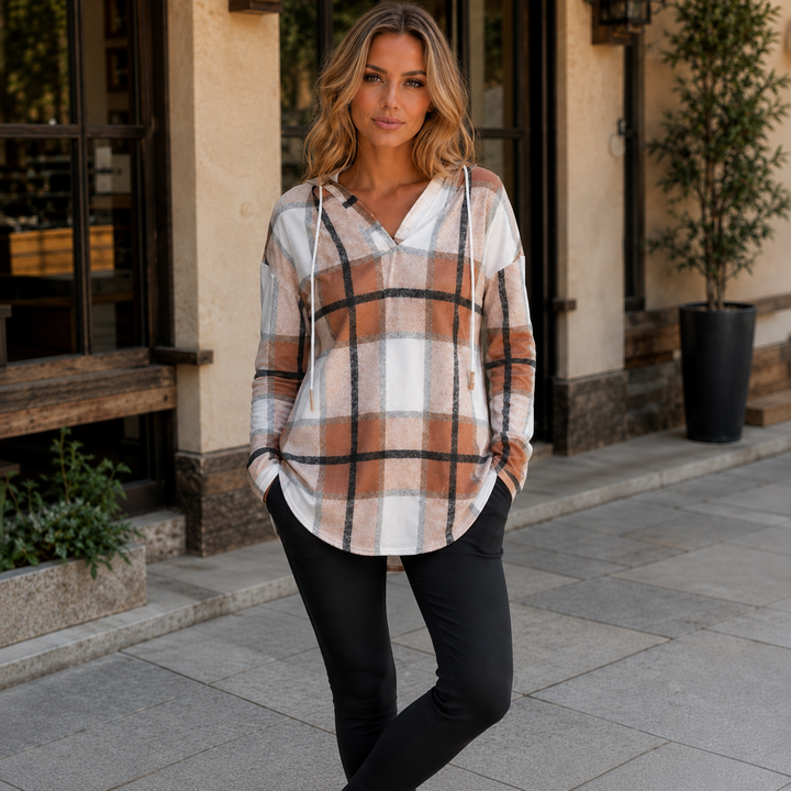 Sandra | Timeless Plaid V-Neck Tunic Hoodie
