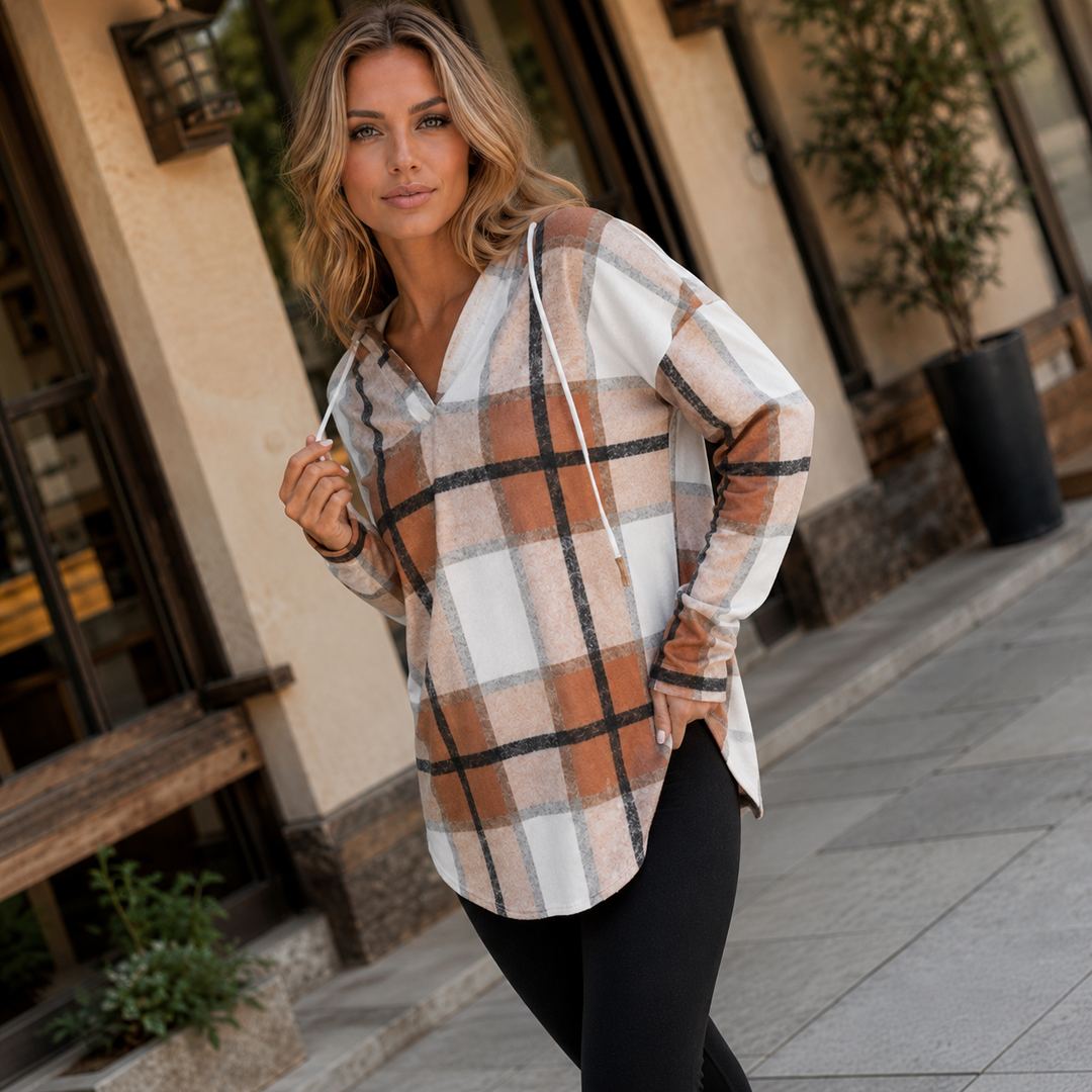 Sandra | Timeless Plaid V-Neck Tunic Hoodie