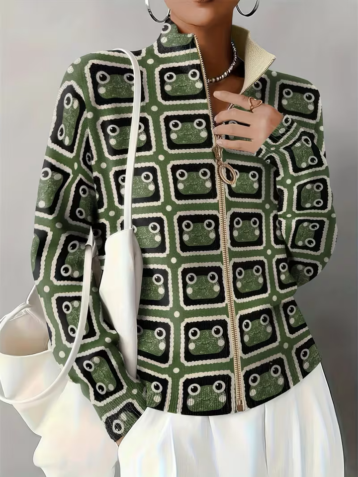 Sara | Effortless Retro Geometric Zip Up Cardigan