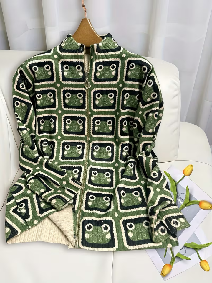 Sara | Effortless Retro Geometric Zip Up Cardigan