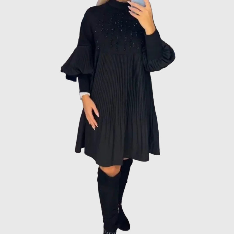 Sara | Refined Pleated Long Sleeve Sweater Dress