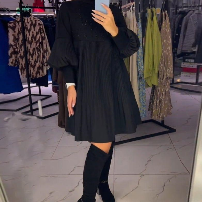 Sara | Refined Pleated Long Sleeve Sweater Dress