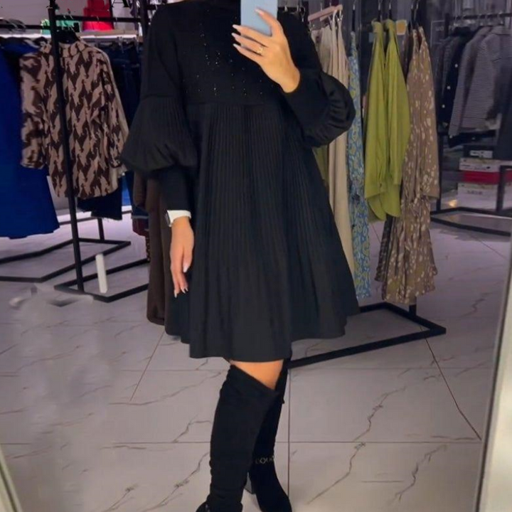 Sara | Refined Pleated Long Sleeve Sweater Dress