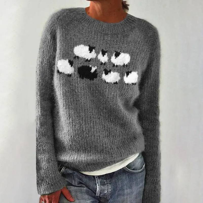 Sara | Sheep Pattern Crewneck Knit Sweater