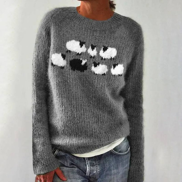 Sara | Sheep Pattern Crewneck Knit Sweater
