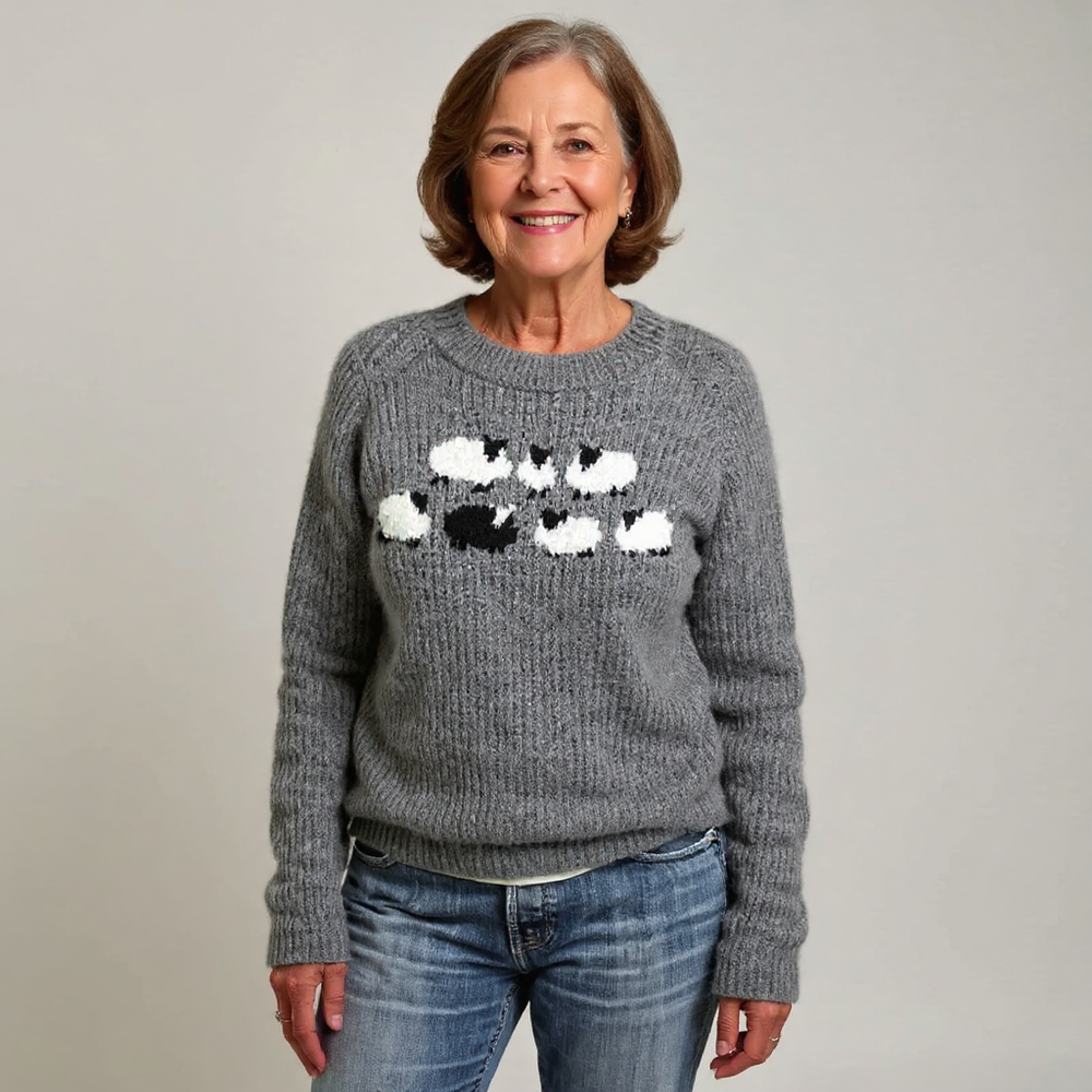 Sara | Sheep Pattern Crewneck Knit Sweater