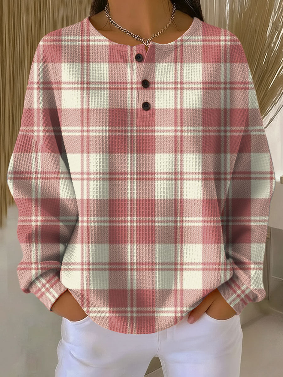 Sarah | Plaid Henley Long Sleeve Knit Sweater