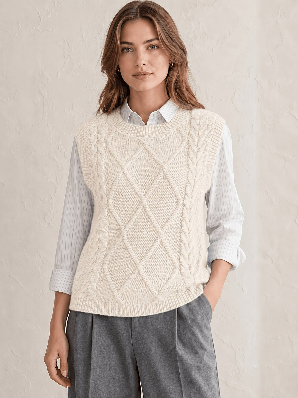 Sharon | Chic Diamond Cable Knit Sweater Vest
