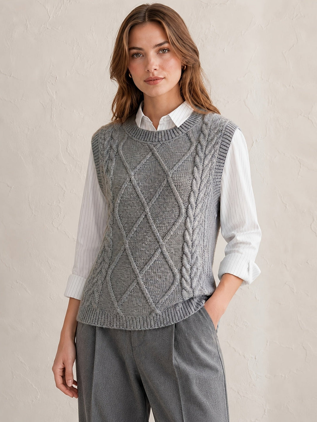 Sharon | Chic Diamond Cable Knit Sweater Vest