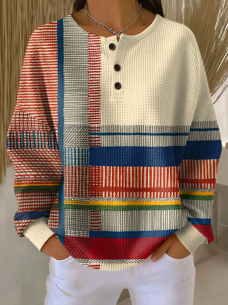 Shirley | Chic Striped Long Sleeve Henley Knit Sweater