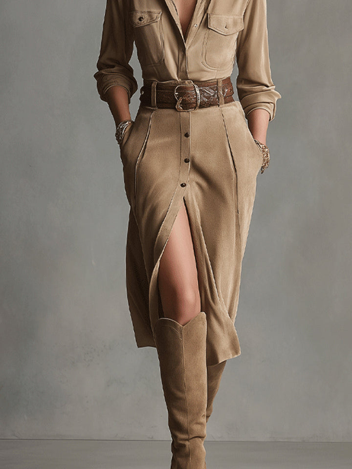 Sophia | Collared Button-Front Midi Long Sleeve Dress